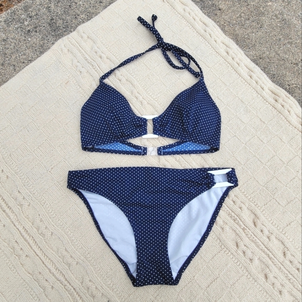 NWT Marie Melli Retro Polka Dot Print Bikini size S Navy White